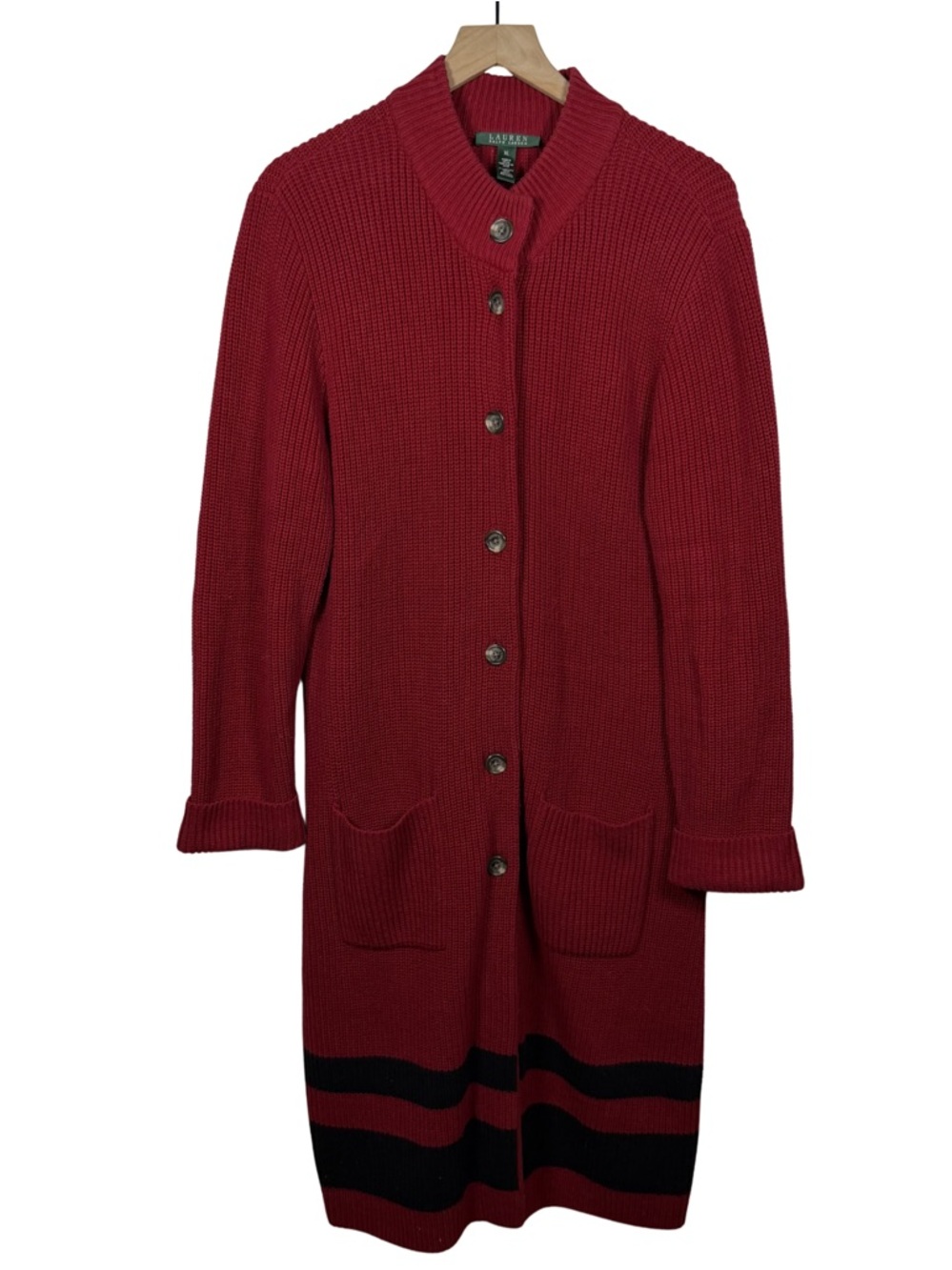 Lauren Ralph Lauren Longline Cardigan Duster Size XL Red Black Knit Lagenlook